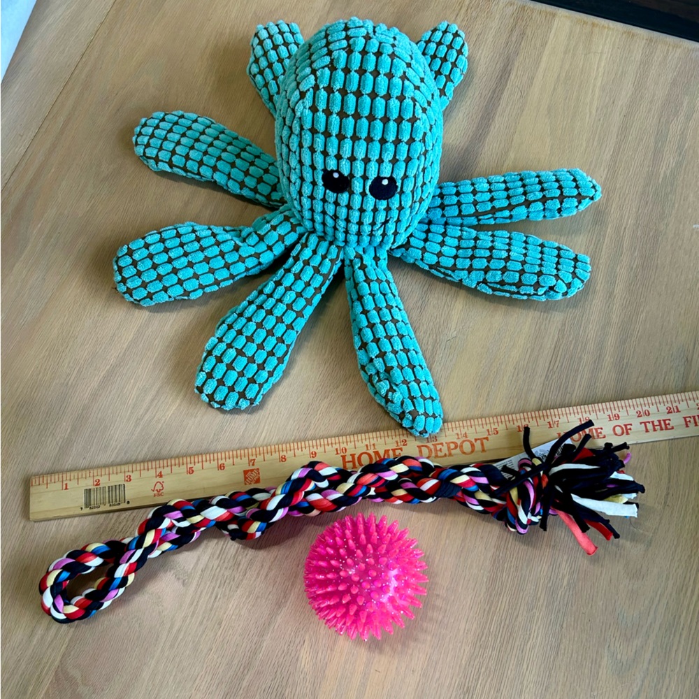 NEW bundle of 3 dog toys: octopus, rope tug, squishy nubby ball